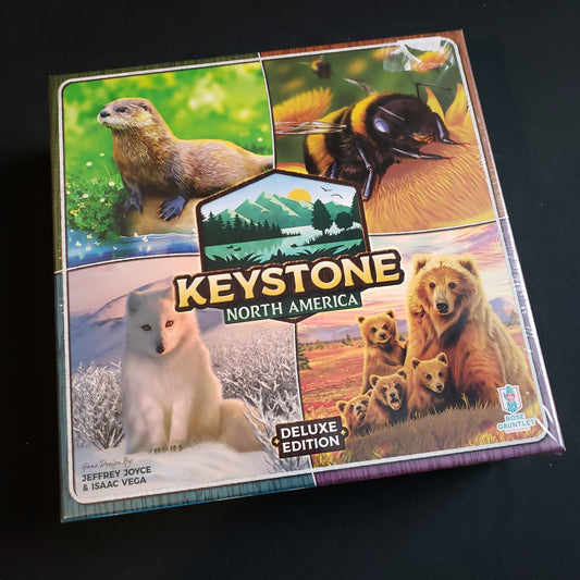 Image shows the front cover of the box of the Keystone: North America board game