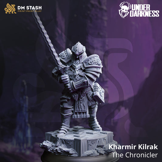 Image shows a 3D render of a ashen dwarf fighter gaming miniature.