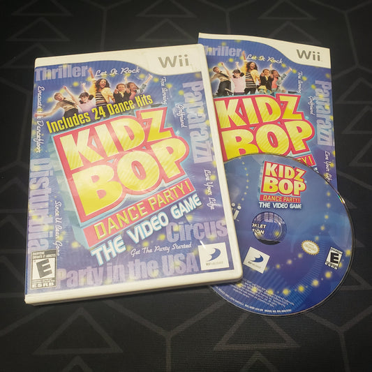 Image shows the case, manual and disc for the video game Kidz Bop Dance Party! for Nintendo Wii