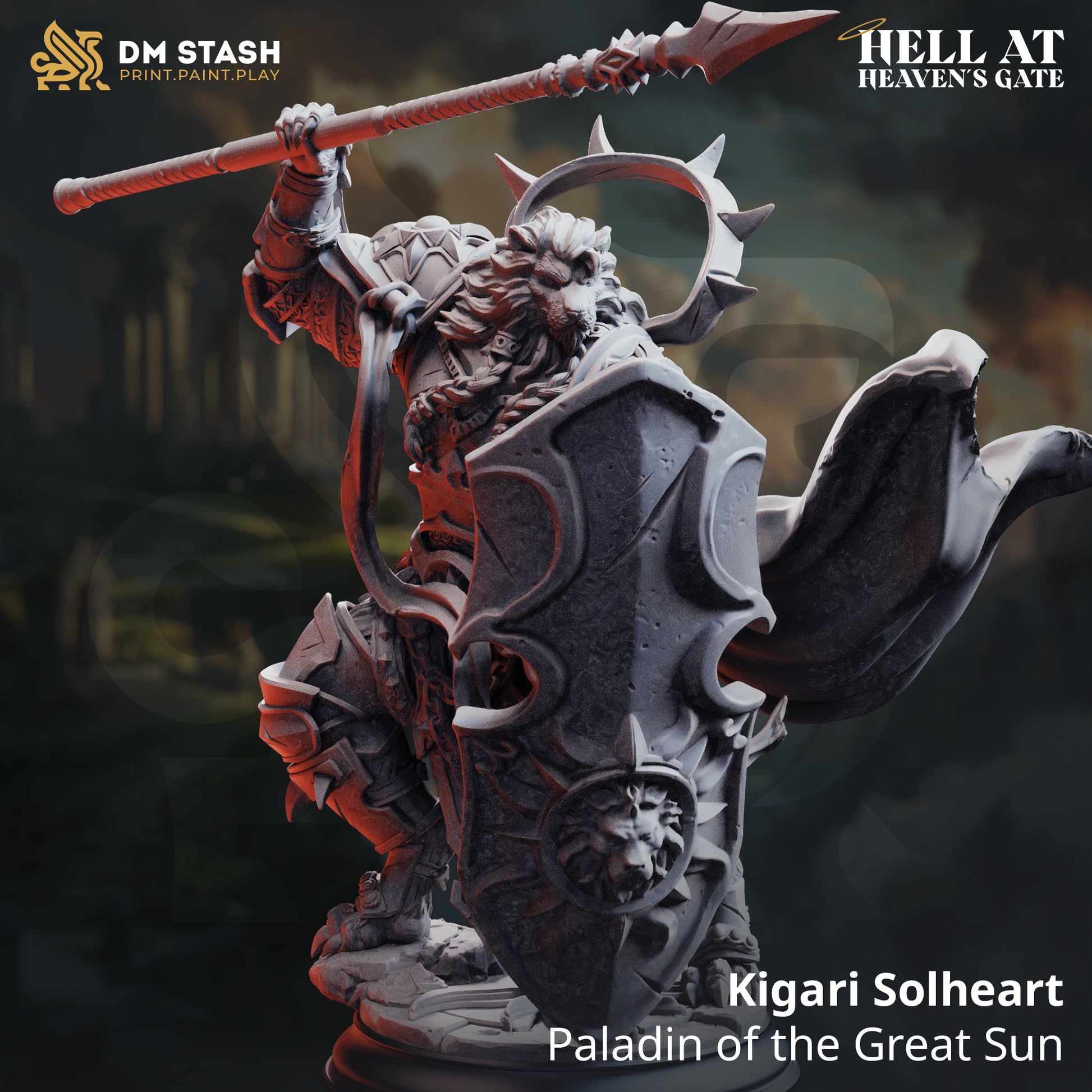Image shows a 3D render of a leonin paladin gaming miniature.