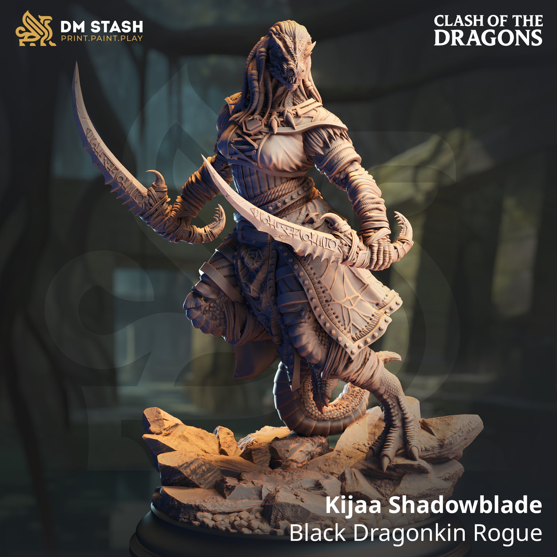 Image shows a 3D render of a dragonborn rogue gaming miniature.