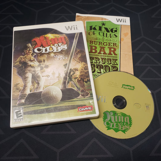 Image shows the case, manual and disc for the video game King of Clubs Mini-Golf for Nintendo Wii