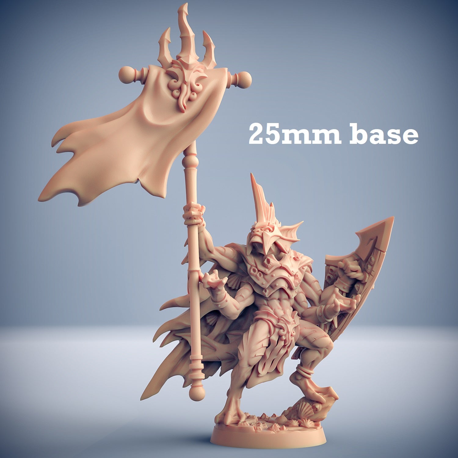 Image shows a 3D render of a merfolk king gaming miniature holding a banner