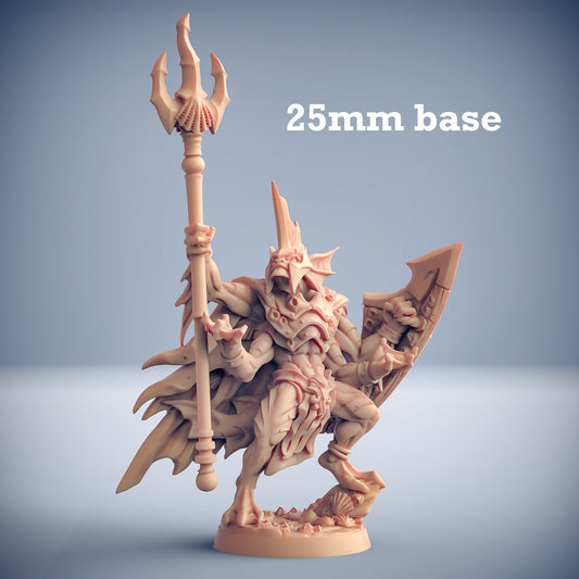 Image shows a 3D render of a merfolk king gaming miniature holding a trident
