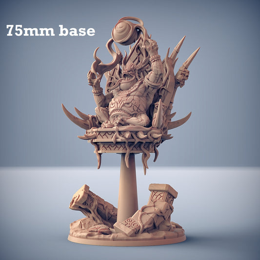 Image shows a 3D render of a frogfolk sorcerer king gaming miniature levitating in a throne chair