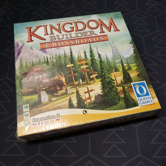Image shows the front cover of the box of the Crossroads expansion for the board game Kingdom Builder