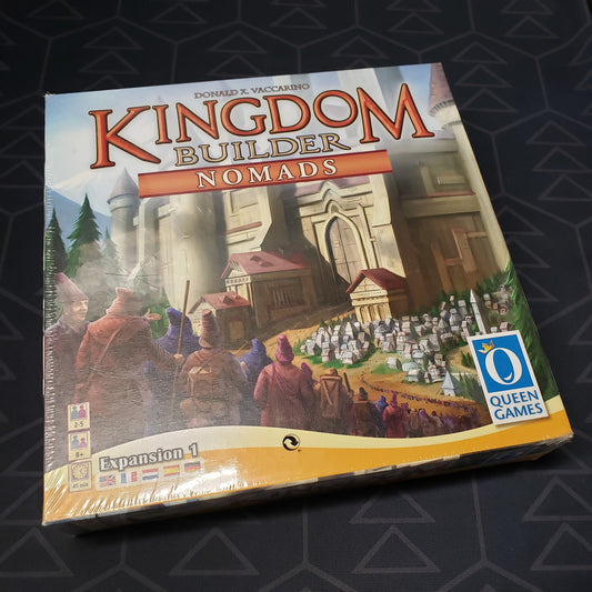 Image shows the front cover of the box of the Nomads expansion for the board game Kingdom Builder