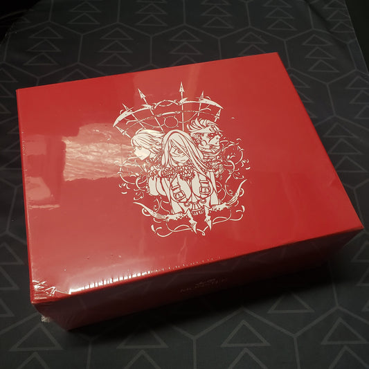 Image shows the front cover of the box of the Red Witches expansion for the board game Kingdom Death Monster