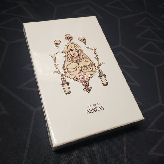 Image shows the front cover of the box of the Wanderer Aeneas expansion for the board game Kingdom Death Monster