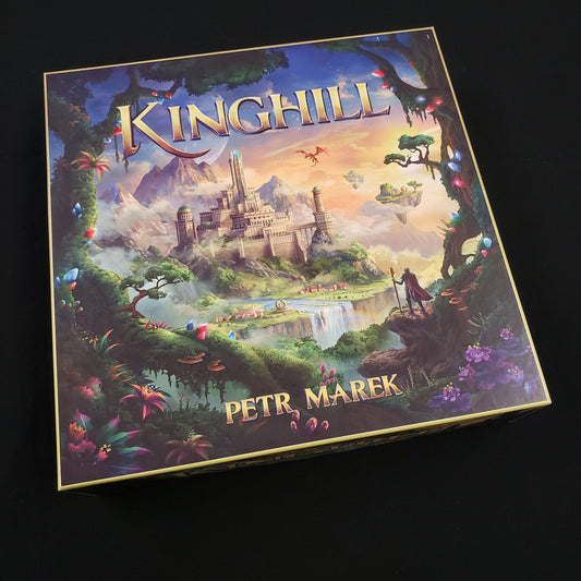 Image shows the front cover of the box of the Kinghill board game