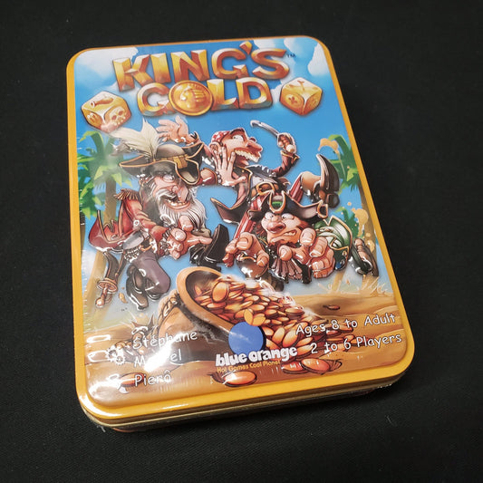 Image shows the front cover of the box of the King's Gold dice game