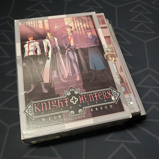 Image shows the outer box & three fanned-out disc cases for the complete series set of Knight Hunters Eternity on DVD