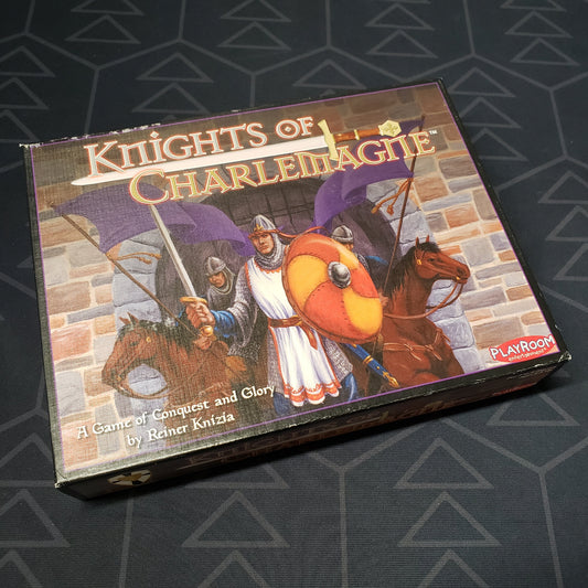 Image shows the front cover of the box for the Knights of Charlemagne card game
