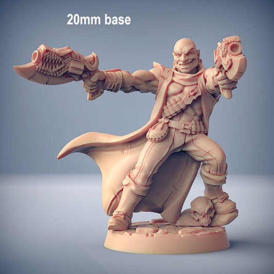 Image shows an 3D render of a human gunslinger gaming miniature holding two guns outstretched