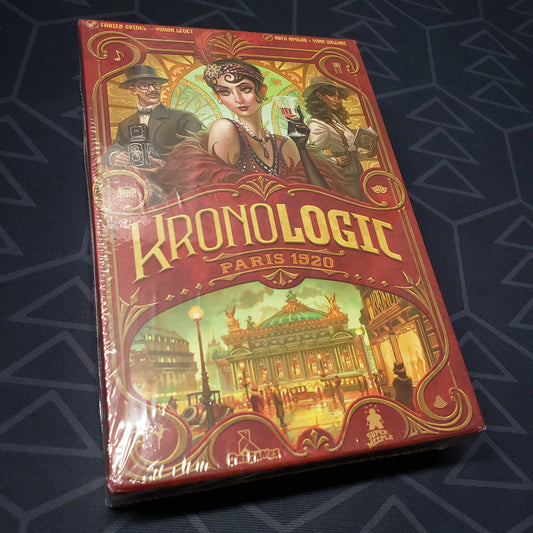 Image shows the front cover of the box for the Kronologic: Paris 1920 board game
