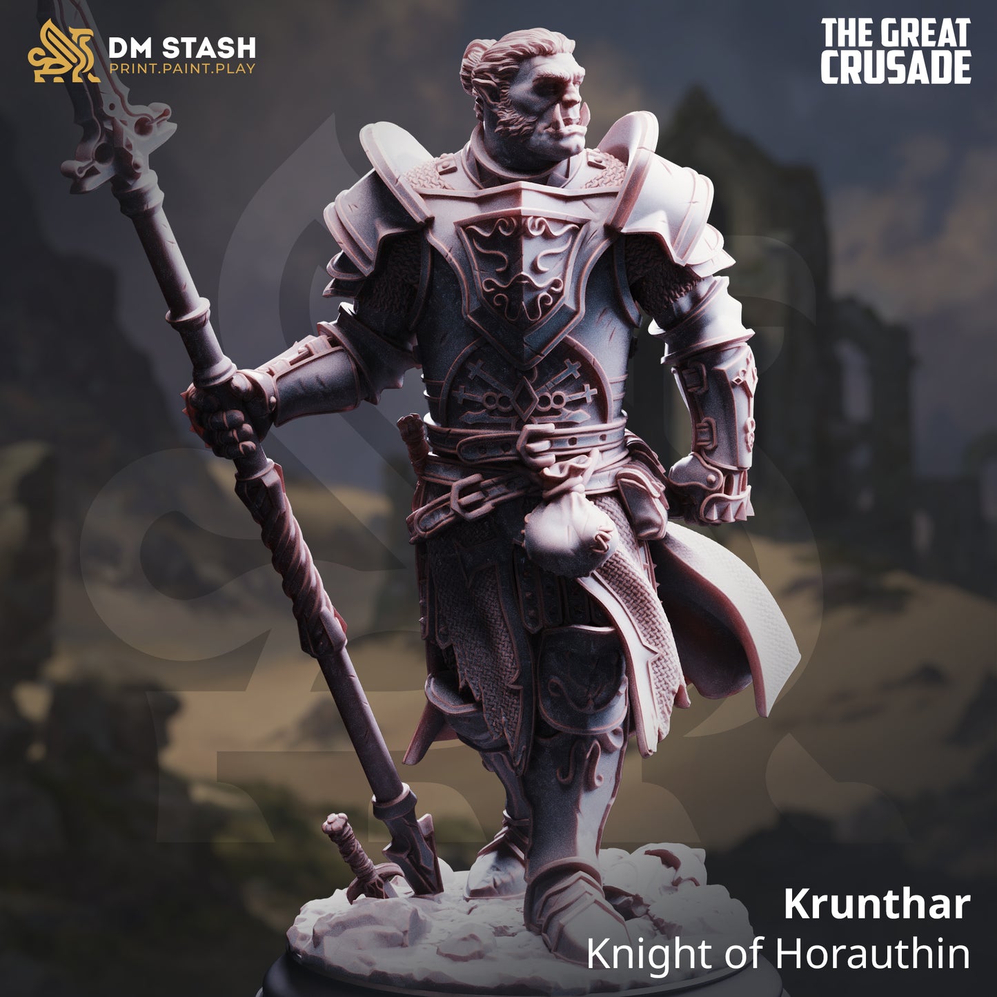 Image shows a 3D render of a half-orc paladin gaming miniature.