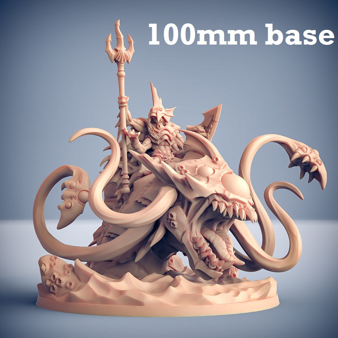 Image shows a 3D render of a sea monster gaming miniature with a merfolk rider