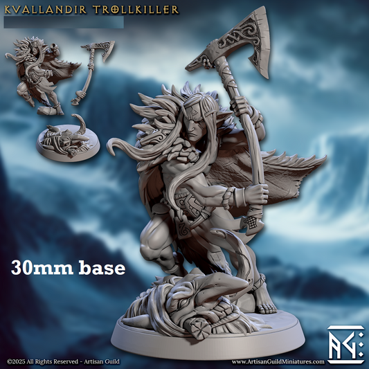 Image shows a 3D render of a elf barbarian gaming miniature.
