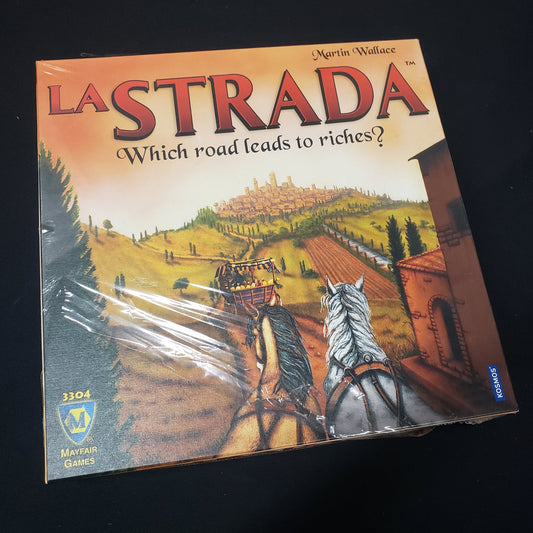 Image shows the front cover of the box of the La Strada board game
