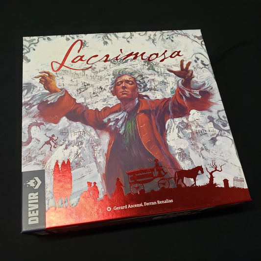 Image shows the front cover of the box of the Lacrimosa board game