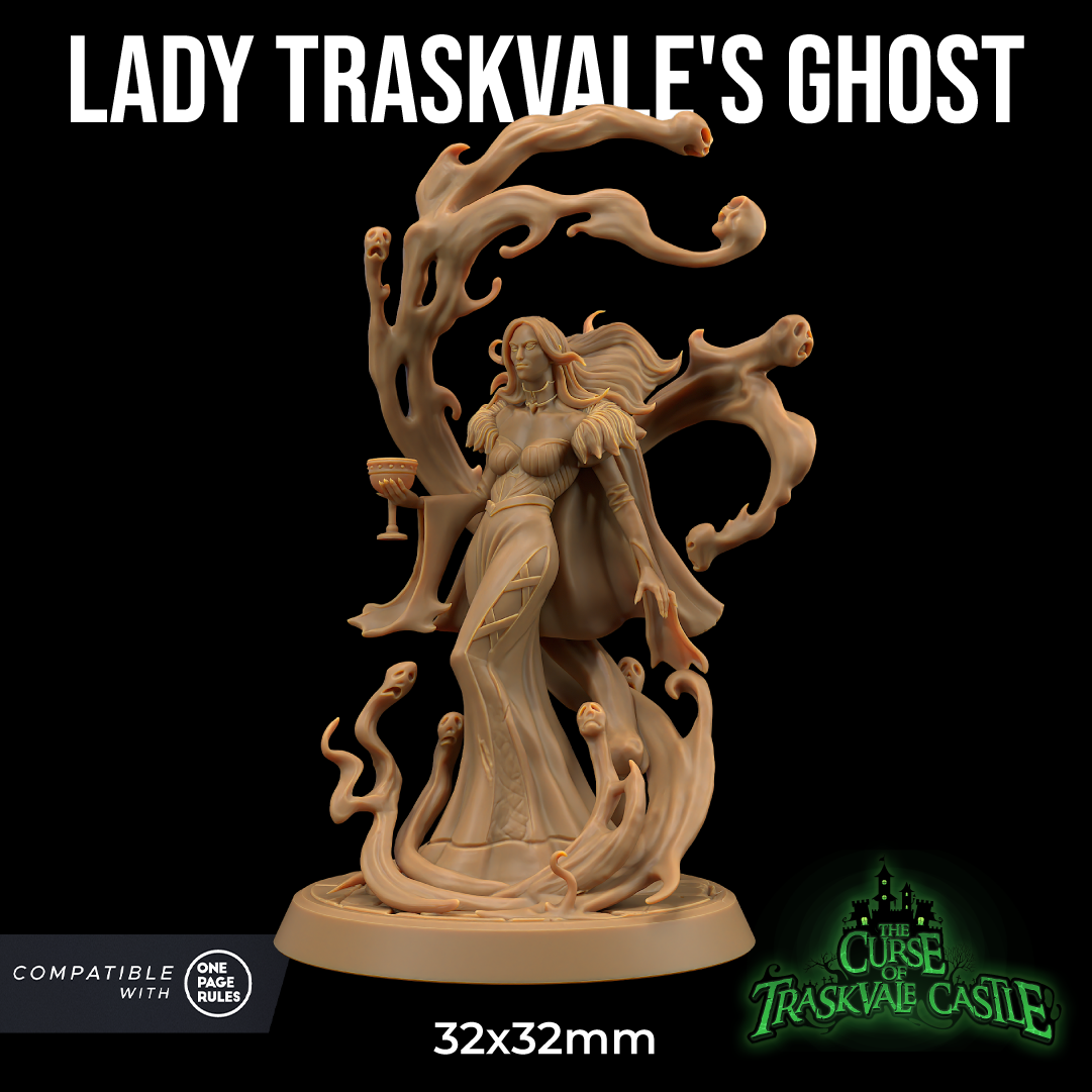 Image shows a 3D render of a ghost noble gaming miniature surrounded by floating spectral heads