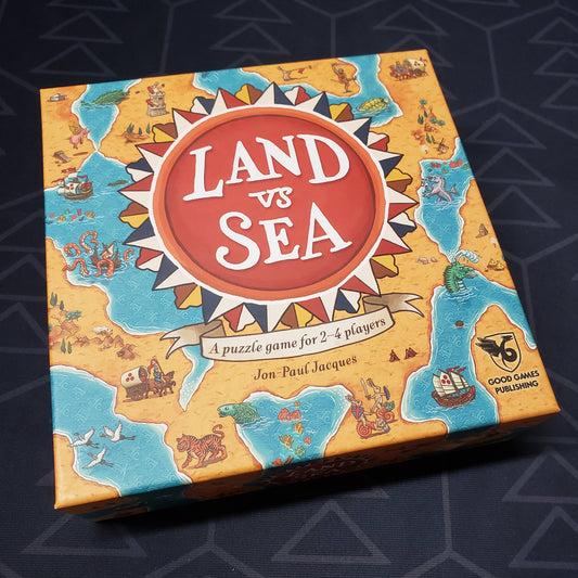 Image shows the front cover of the box of the Land Vs Sea board game