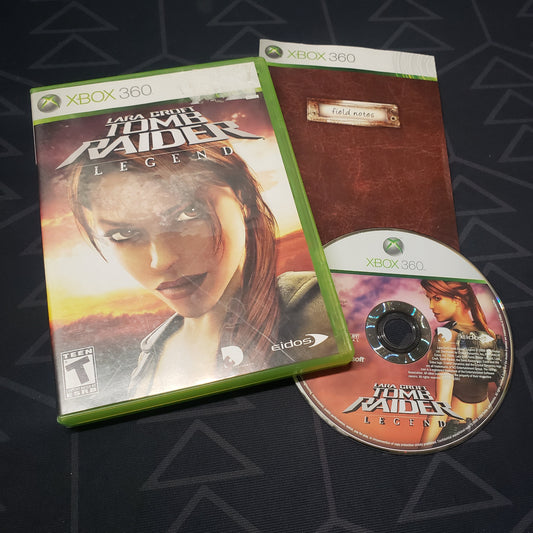 Image shows the case, manual and disc for the video game Lara Croft Tomb Raider: Legend for Xbox 360