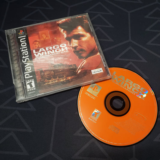 Image shows the jewel case with manual and disc for the video game Largo Winch: Commando Sar for Playstation 1