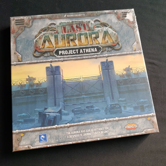 Image shows the front cover of the box of the Project Athena expansion for the Last Aurora board game