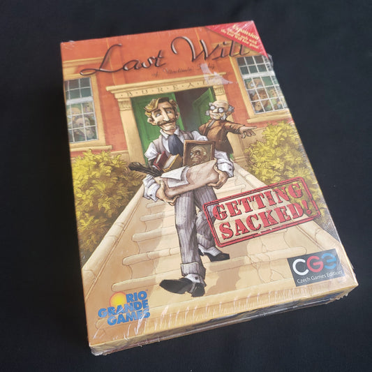 Image shows the front cover of the box of the Getting Sacked expansion for the board game Last Will