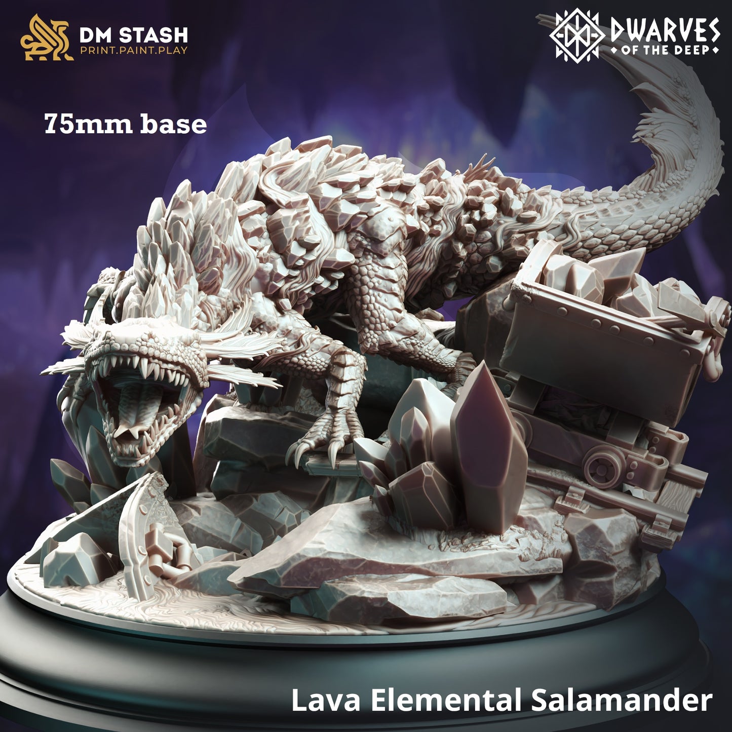 Image shows a 3D render of a lava salamander gaming miniature