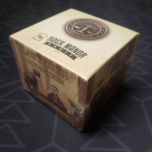 Image shows the front cover of the box of the Godfather expansion for the card game Lawyer Up
