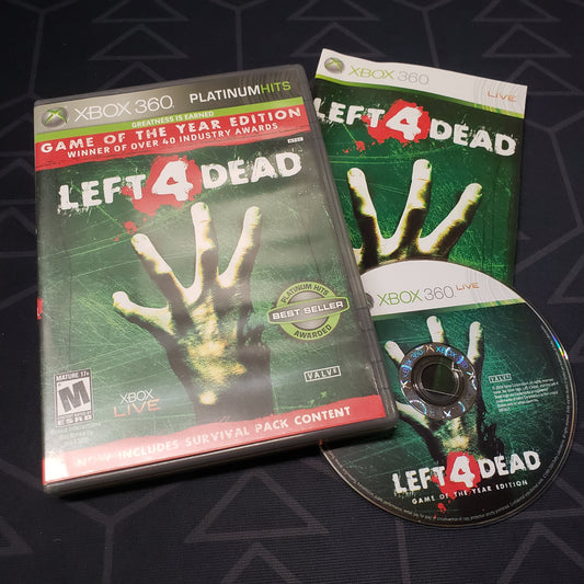 Image shows the case, manual and disc for the video game Left 4 Dead: Game of the Year Edition for Xbox 360