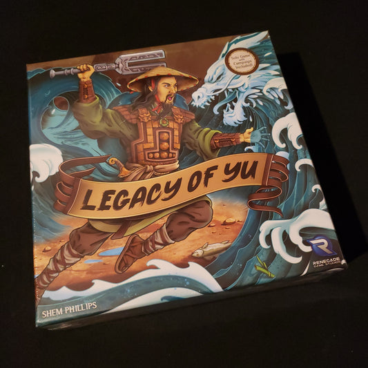 Image shows the front cover of the box of the Legacy of Yu board game