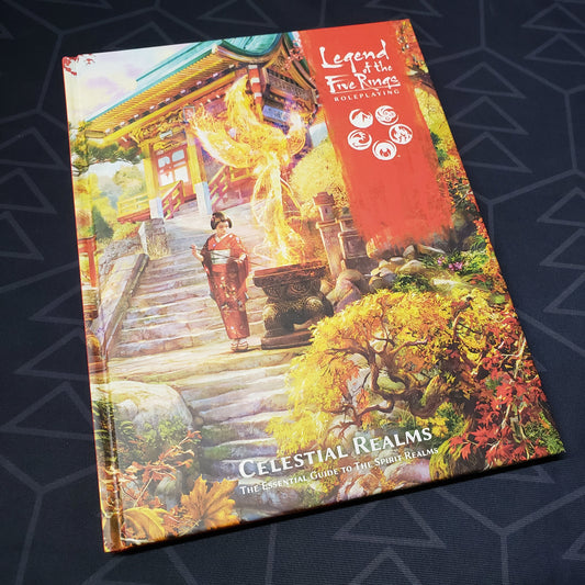 Image shows the front cover of the Celestial Realms book for the roleplaying game Legend of the Five Rings: Fifth Edition