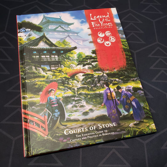 Image shows the front cover of the Courts of Stone book for the roleplaying game Legend of the Five Rings: Fifth Edition