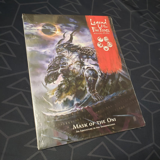 Image shows the front cover of the Mask of the Oni book for the roleplaying game Legend of the Five Rings: Fifth Edition
