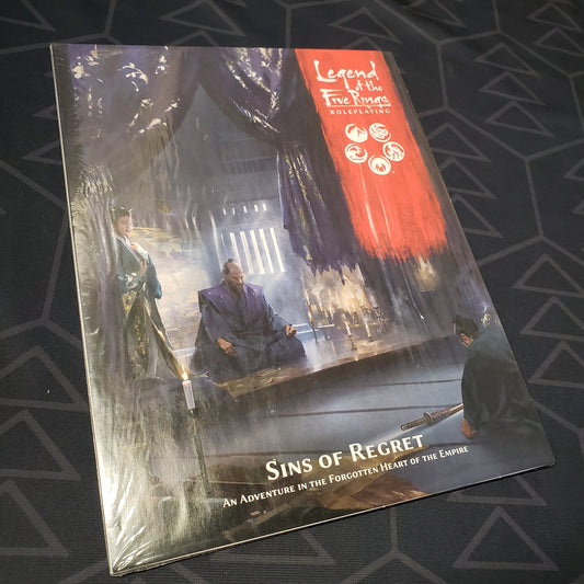 Image shows the front cover of the Sins of Regret book for the roleplaying game Legend of the Five Rings: Fifth Edition