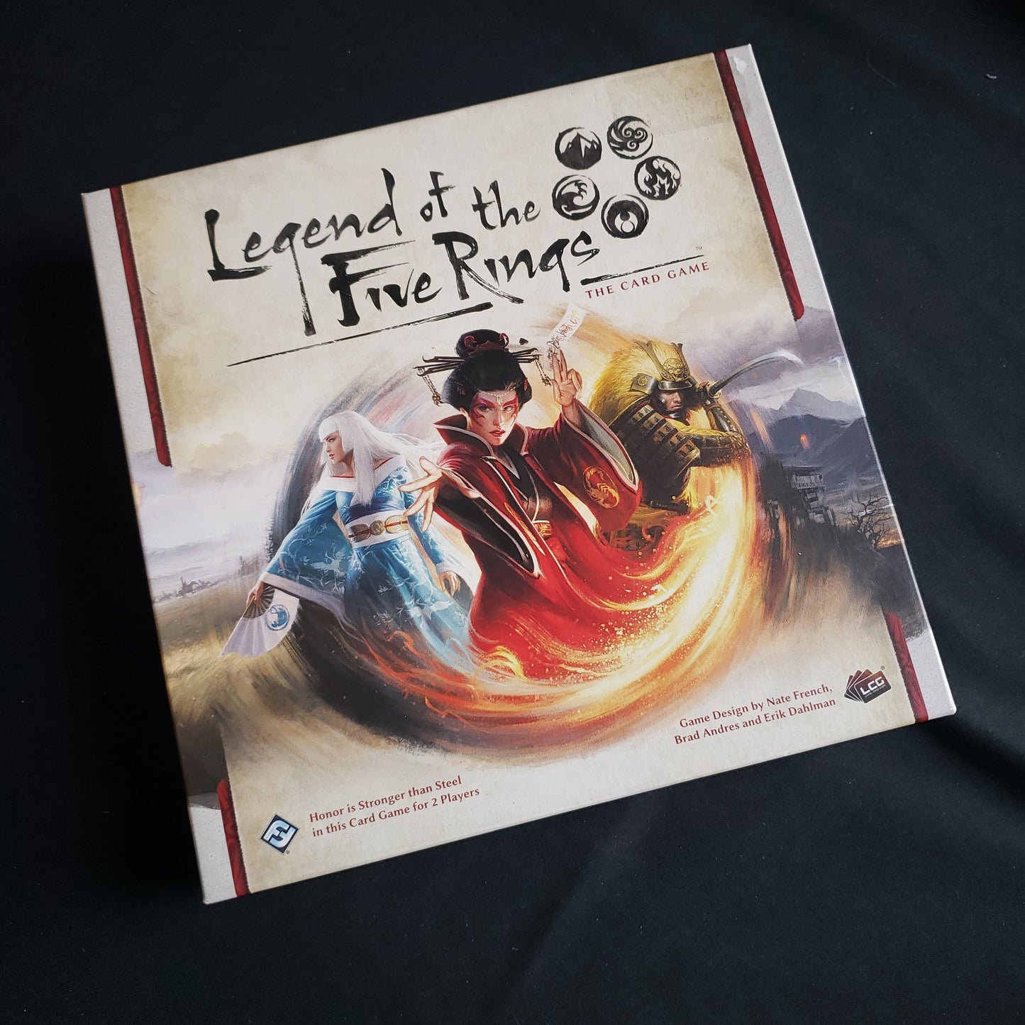 Image shows the front cover of the box of the Core Set for the Legend of the Five Rings Living Card game