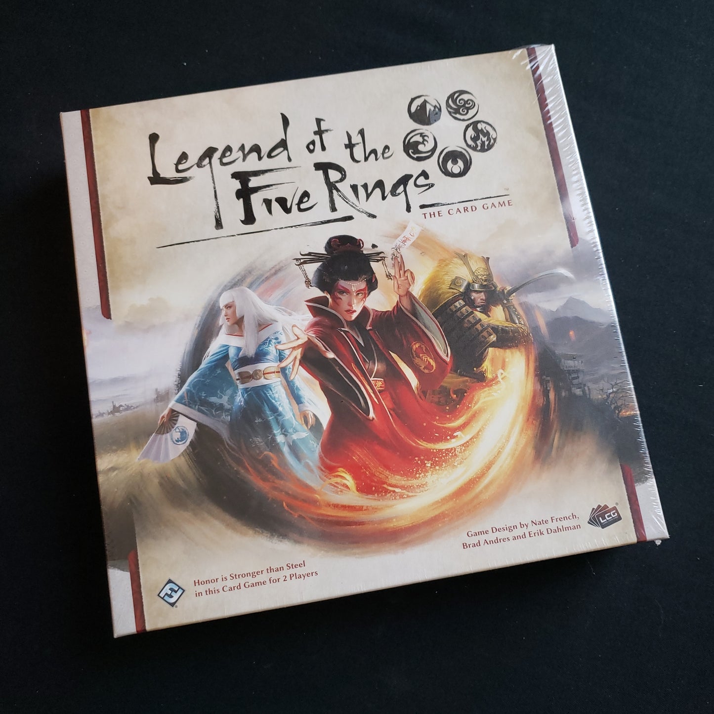 Image shows the front cover of the box of the Core Set for the Legend of the Five Rings Living Card game