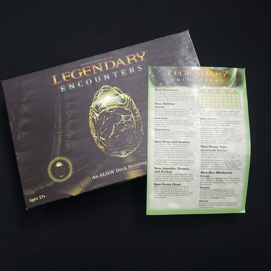 Image shows the front cover of the box of the Legendary Encounters: Alien board game, with the instructions for the expansion sitting on top of it.