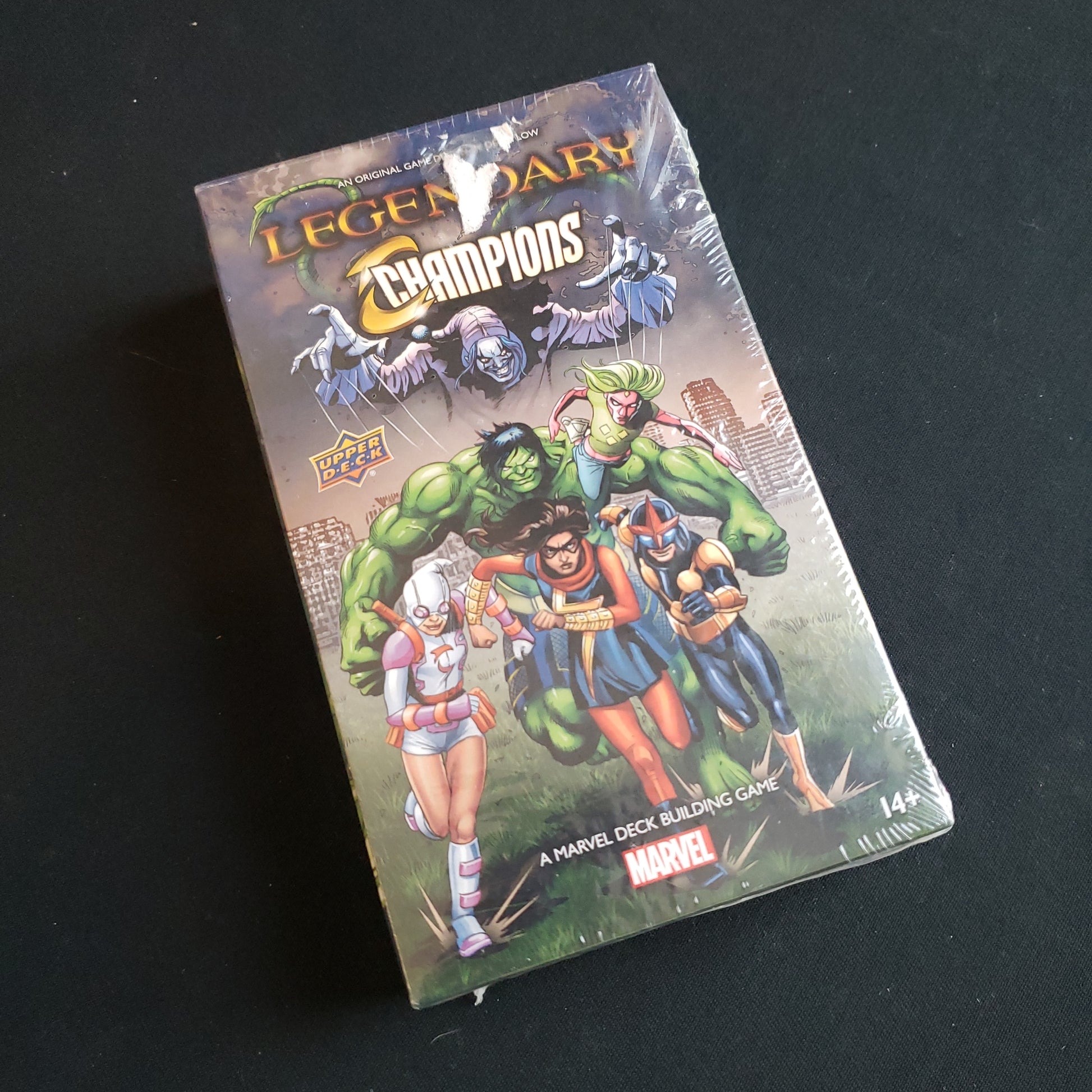 Image shows the front cover of the box of the Champions expansion for the card game Legendary Marvel