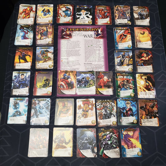 Image shows instructions & cards arranged in stacks by card type for the Civil War expansion for the card game Legendary Marvel