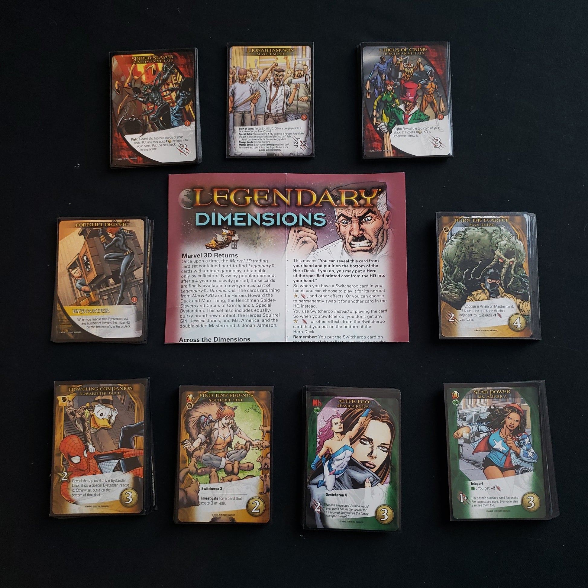 Image shows the instructions and cards for the Dimensions expansion for the card game Legendary Marvel