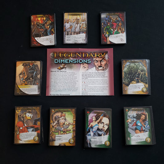 Image shows the instructions and cards for the Dimensions expansion for the card game Legendary Marvel