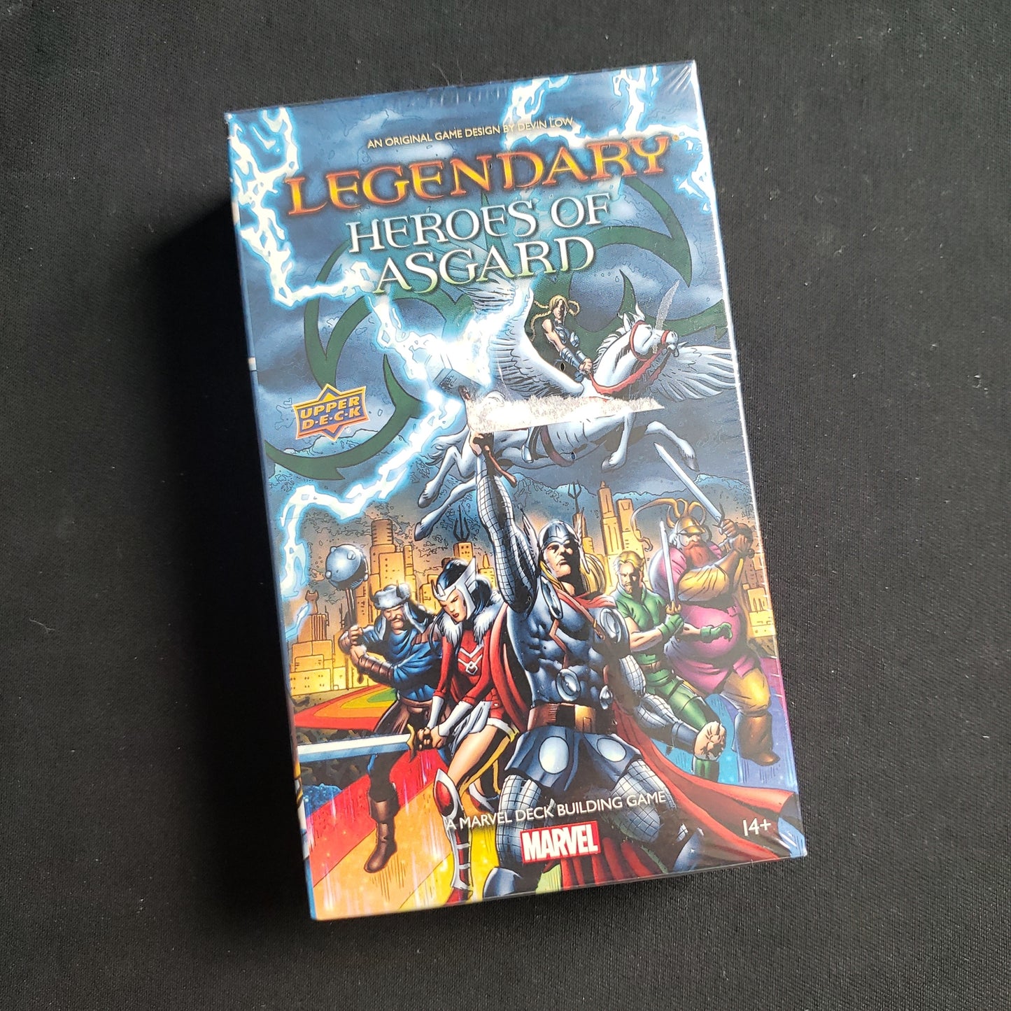 Image shows the front cover of the box of the Heroes of Asgard expansion for the Marvel Legendary card game