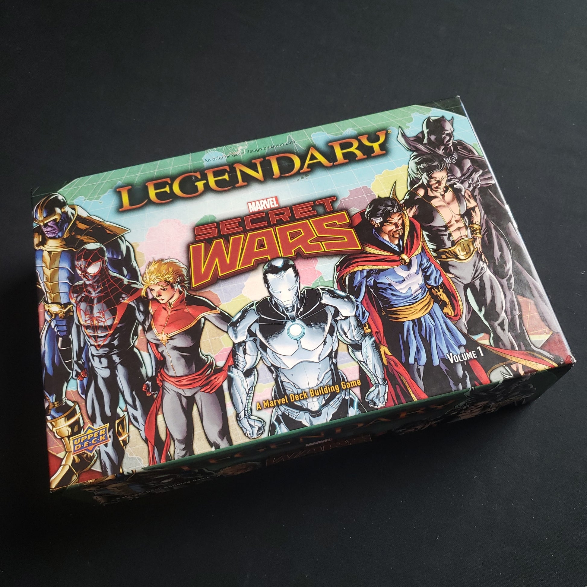 Image shows the front of the box for the Secret Wars Volume 1 expansion for the card game Legendary Marvel