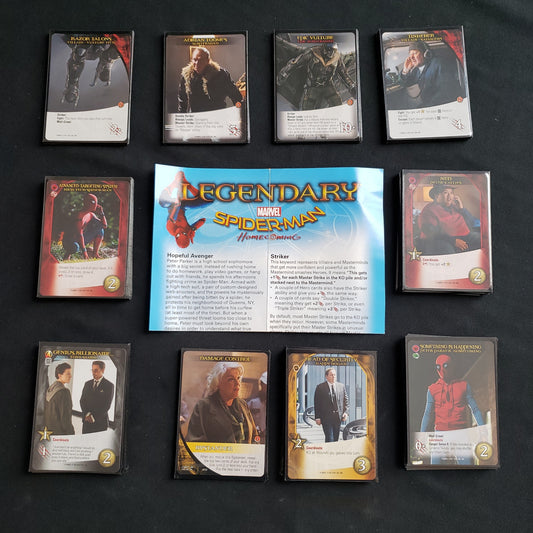 Image shows the instructions & cards arranged in stacks by card type for the Spider-man Homecoming expansion for the board game Legendary Marvel