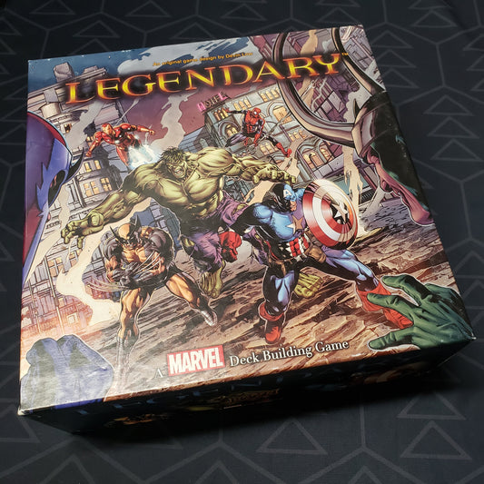 Image shows the front cover of the box of the Legendary Marvel board game