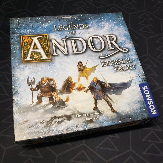 Image shows the front cover of the box of the Eternal Frost expansion for the board game Legends of Andor